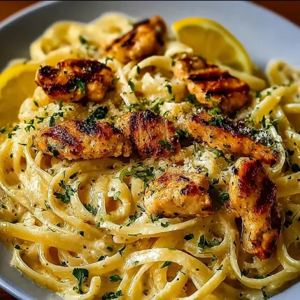 A plate of pasta with chicken and lemon.