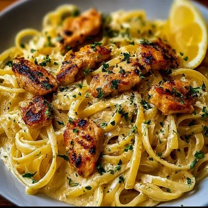 A bowl of pasta with chicken and lemon.