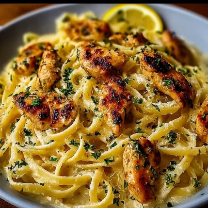 A bowl of pasta with chicken and lemon.