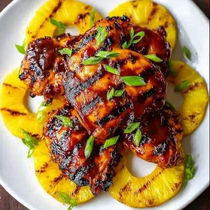 A plate of grilled chicken with pineapple slices.