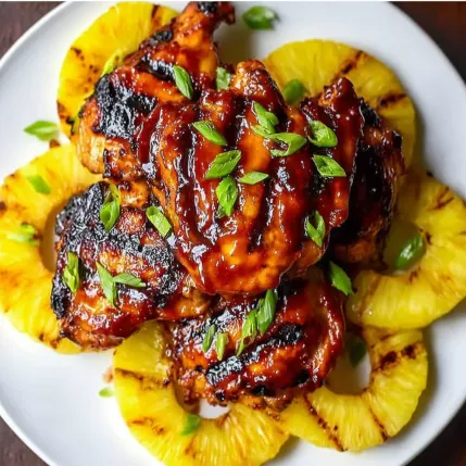 A plate of chicken with pineapple slices.