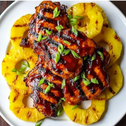 A plate of food with chicken and pineapple.