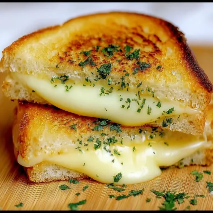 A sandwich with cheese and herbs on a wooden table.