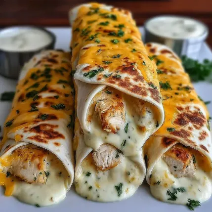 Three chicken wraps on a white plate.