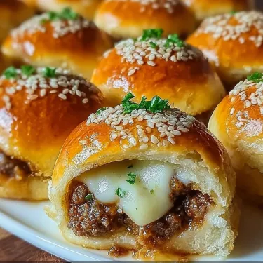 A plate of meat and cheese filled bread rolls.
