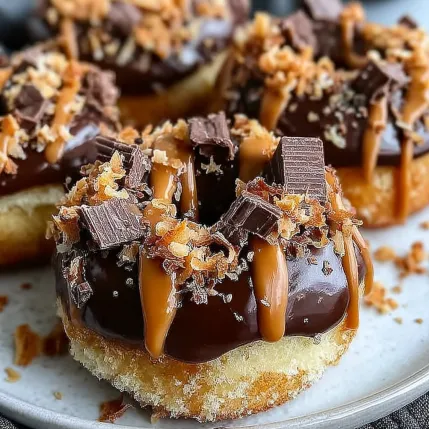 A chocolate donut with chocolate drizzle and nuts.