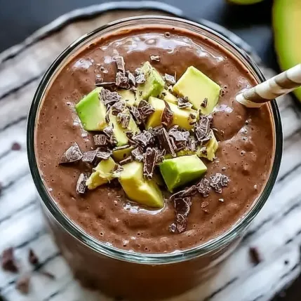 A glass of chocolate with chocolate chips and sliced avocado.