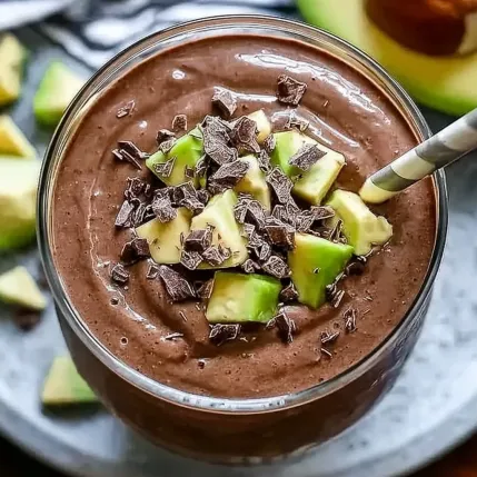 A glass of chocolate with chocolate chips and a slice of avocado.
