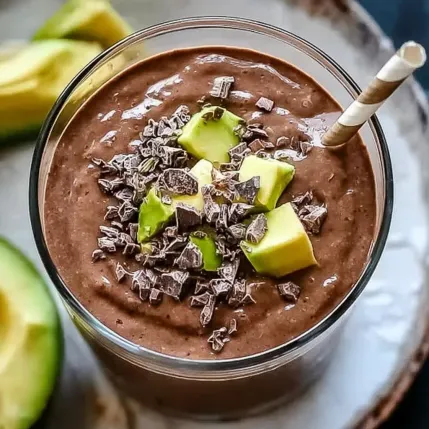 A glass of chocolate with chocolate chips and sliced avocado.