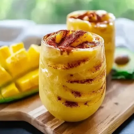 Two glasses of pineapple with a spoon in them.