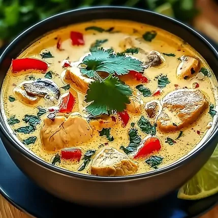 A bowl of soup with red peppers and green herbs.