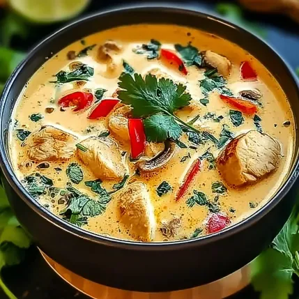 A bowl of soup with mushrooms and red peppers.