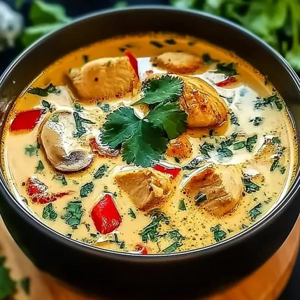 A bowl of soup with chicken, mushrooms, and red peppers.