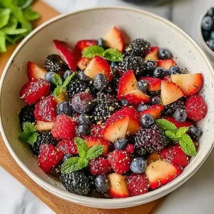 A bowl of fruit with strawberries, blueberries, and blackberries.