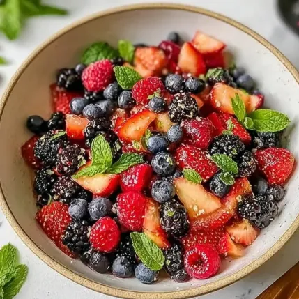 A bowl of fruit with strawberries, blueberries, raspberries, and mint.