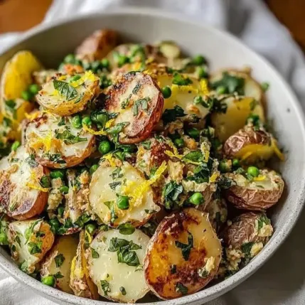 A bowl of food with peas and potatoes.