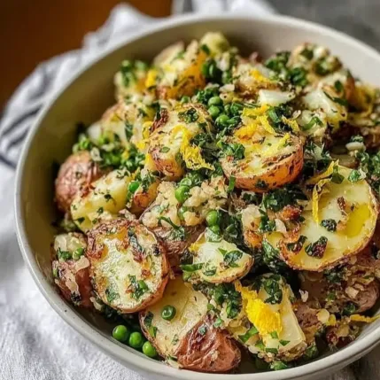 A bowl of food with potatoes, peas, and eggs.