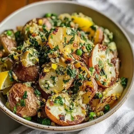 A bowl of food with potatoes and peas.