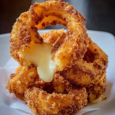 A plate of onion rings with cheese dripping off.