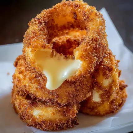 A stack of onion rings with cheese on top.