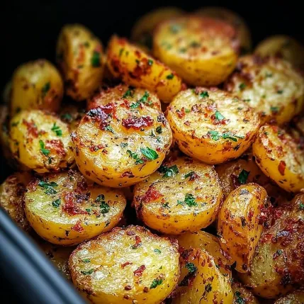 A bowl of potatoes with herbs on top.