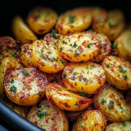 A bowl of potatoes with herbs.