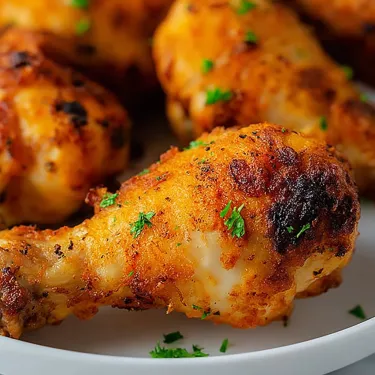 A plate of chicken wings with green herbs.