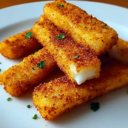 Fried fish sticks on a white plate.