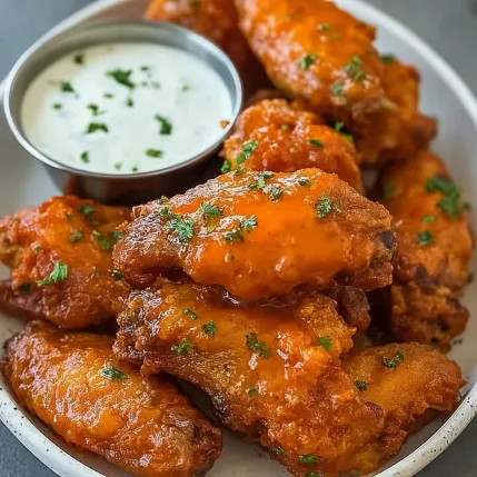 A plate of wings with a dipping sauce.