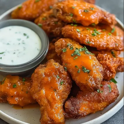A plate of fried chicken with a dipping sauce.
