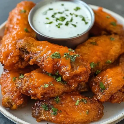 A plate of wings with a dipping sauce.