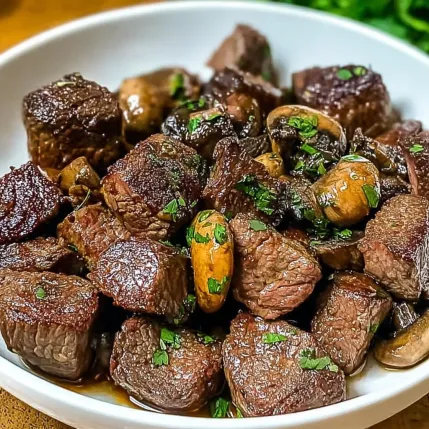 A bowl of meat with mushrooms and herbs.