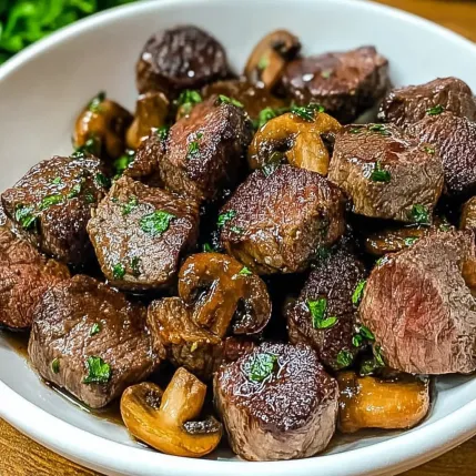 A bowl of meat and mushrooms.