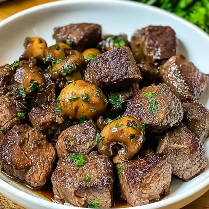 A bowl of meat and mushrooms.