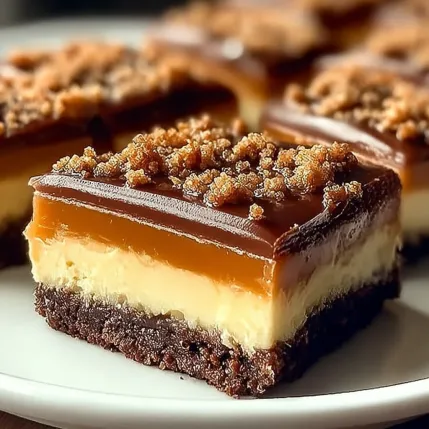 A square piece of chocolate cake with caramel topping.