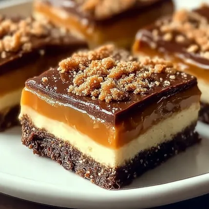 A square of chocolate cake with caramel and nuts on top.