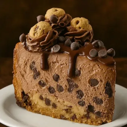 A slice of chocolate cake with chocolate chips and drizzled with chocolate sauce.