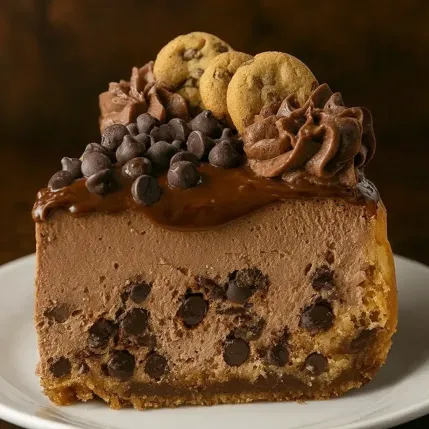 A chocolate cake with chocolate chips and cookies on top.