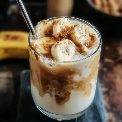 A glass of coffee with bananas in it.