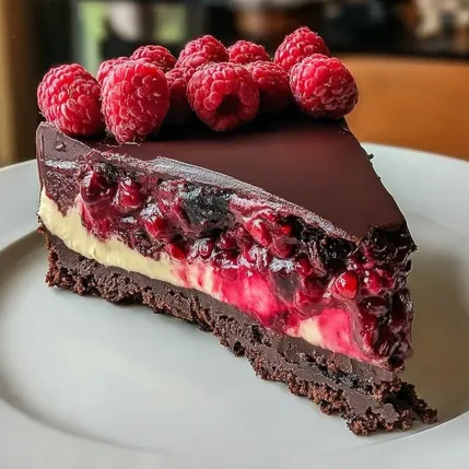 A slice of chocolate cake with raspberries on top.