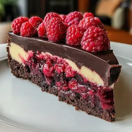 A slice of chocolate cake with raspberries on top.
