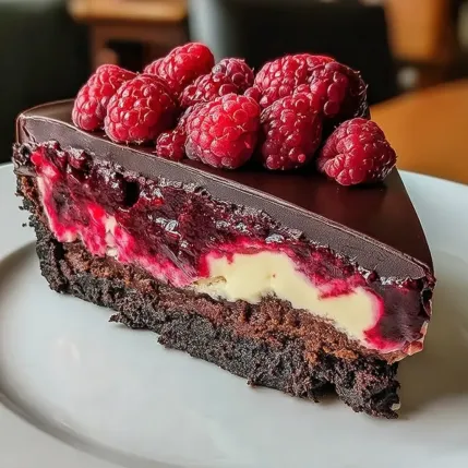 A slice of chocolate cake with raspberries on top.