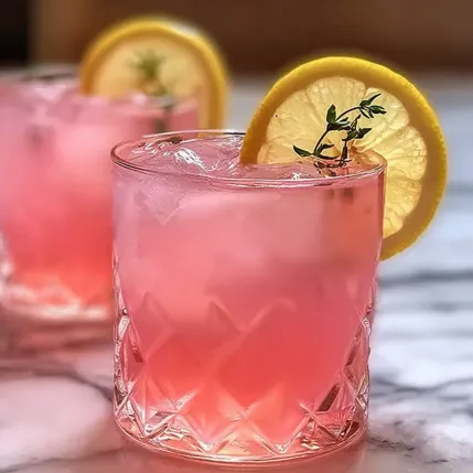 Two glasses of pink drink with lemon slices.