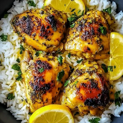 A bowl of rice with chicken and lemon wedges.