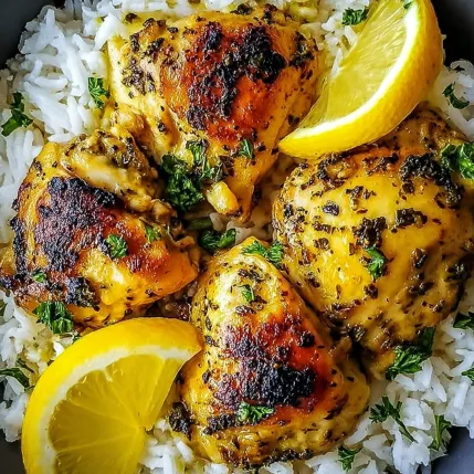 A plate of rice and chicken with a lemon wedge on top.