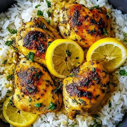 A bowl of rice with chicken and lemon wedges.