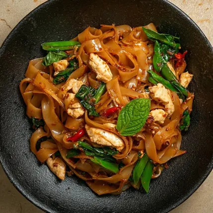 A bowl of noodles with meat and vegetables.