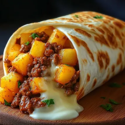 A burrito with meat and cheese.
