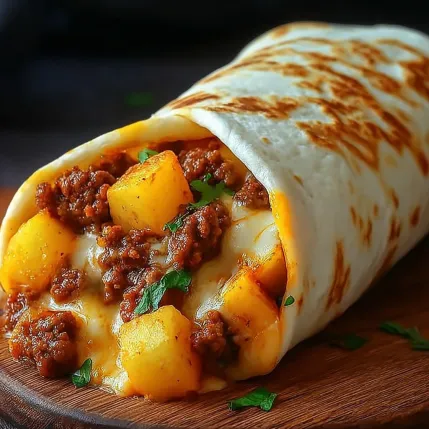A burrito with meat and potatoes.