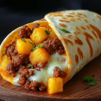 A burrito with meat and potatoes.